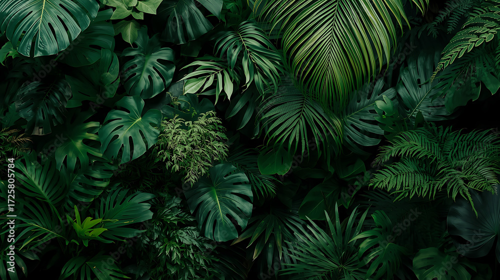 Fototapeta premium A dense tropical jungle features a variety of lush green leaves, including monstera, palm, fern, and philodendron. The scene is characterized by rich textures and layered foliage, enhanced by natural