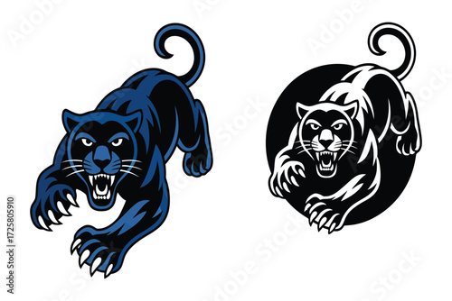 Aggressive black panther leaping forward, modern vector illustration suitable for emblem or mascot design