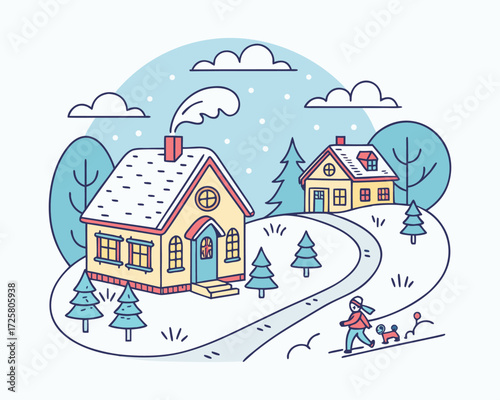 “Peaceful Snowfall Village Nestled Amidst Frosty Mountain Peaks”