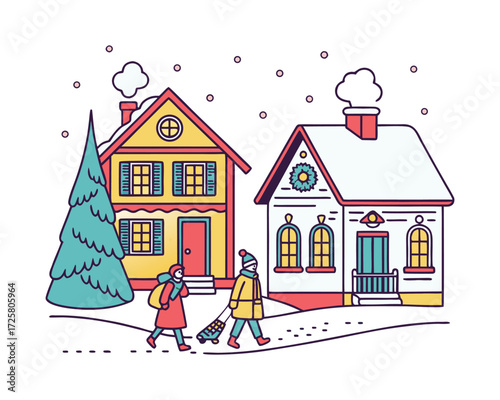 “Peaceful Snowfall Village Nestled Amidst Frosty Mountain Peaks”