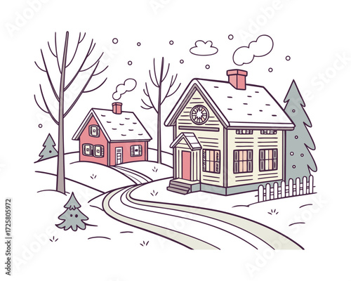 “Peaceful Snowfall Village Nestled Amidst Frosty Mountain Peaks”