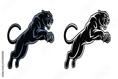 Powerful black panther jumping logo with sharp lines and bold vector graphic style