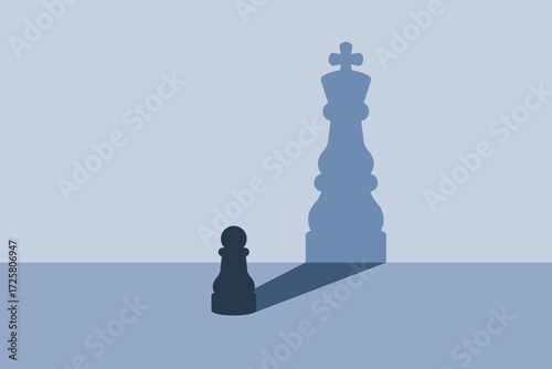 Pawn with king shadow chess figures. Ambition and motivation concept. Confidence and the belief in personal potential. Dream big idea. Self growth, success and win in business. Vector illustration.