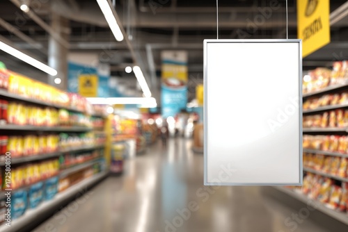 Ultra-Realistic Blank Advertising Billboard Mockup Inside Bright Supermarket Aisle with Modern Interior and Ambient Lighting
