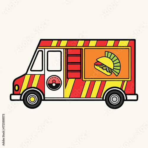 Brightly colored red and yellow striped taco food truck with a delicious taco illustration on its side panel