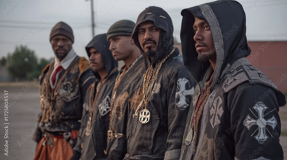 Fototapeta premium Mysterious Hooded Warriors with Cross Emblems