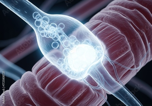 Microscopic glowing image of skeletal muscle neuromuscular junction with axon terminal, muscle fibers, nerve connection, cellular biology, muscle anatomy, neurobiology, histology
