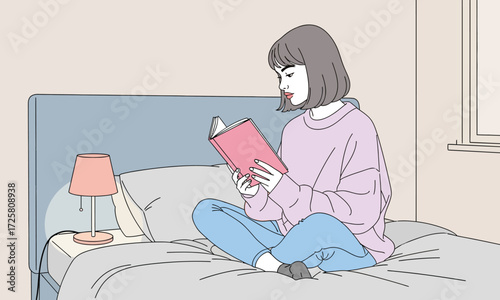 Cozy reading time illustration featuring a young woman engrossed in a book on her bed, perfect for lifestyle and relaxation themes in modern designs