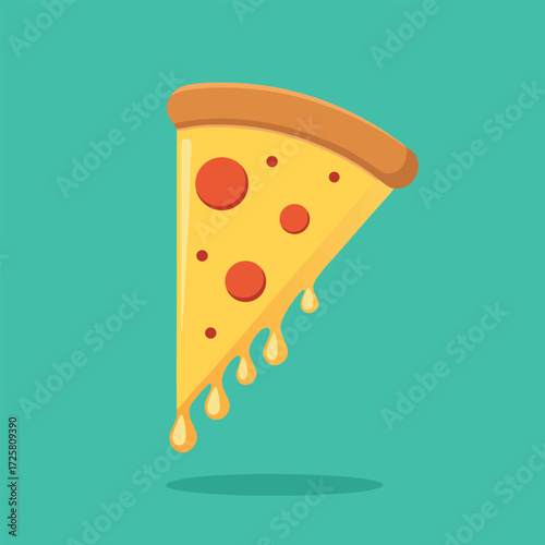 A delicious slice of pepperoni pizza with melting cheese and a crispy golden crust on a vibrant teal background