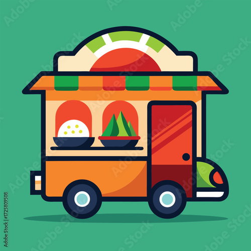 Vibrant cartoon illustration of a colorful food truck serving delicious asian cuisine with rice and green vegetables displayed for customers on a plain green background