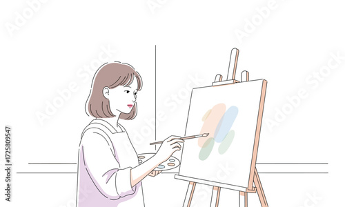 Charming artist creating abstract art on canvas, bringing creativity and inspiration to her studio, a modern take on the joys of artistic expression