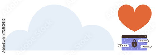 Large blue cloud, orange heart, digital vault with lock and passwords. Ideal for data safety, cloud backup, online security, privacy, digital assets, trust simple flat metaphor
