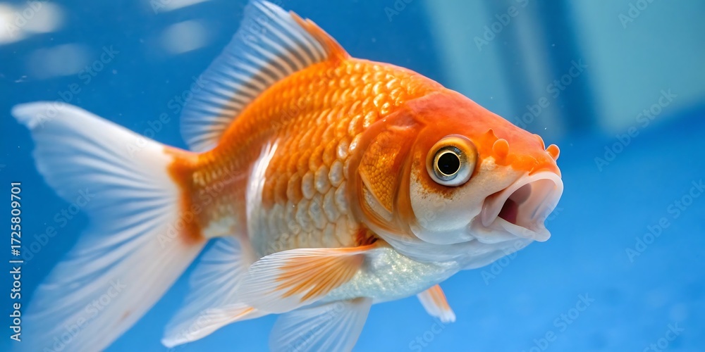 Fototapeta premium Close up of a goldfish with an open mouth swimming in a blue aquarium tank