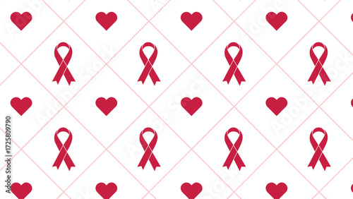 Seamless pattern of pink ribbons and red hearts over a light grid