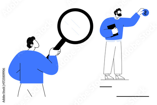 Two individuals examining concepts, one using a magnifying glass, another holding a currency icon. Ideal for analysis, research, inspection, finance, problem-solving, teamwork and knowledge-sharing