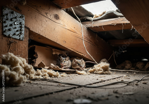 A pair of curious mice peeking out from behind a wooden beam in a rustic attic filled with old insulation and debris.