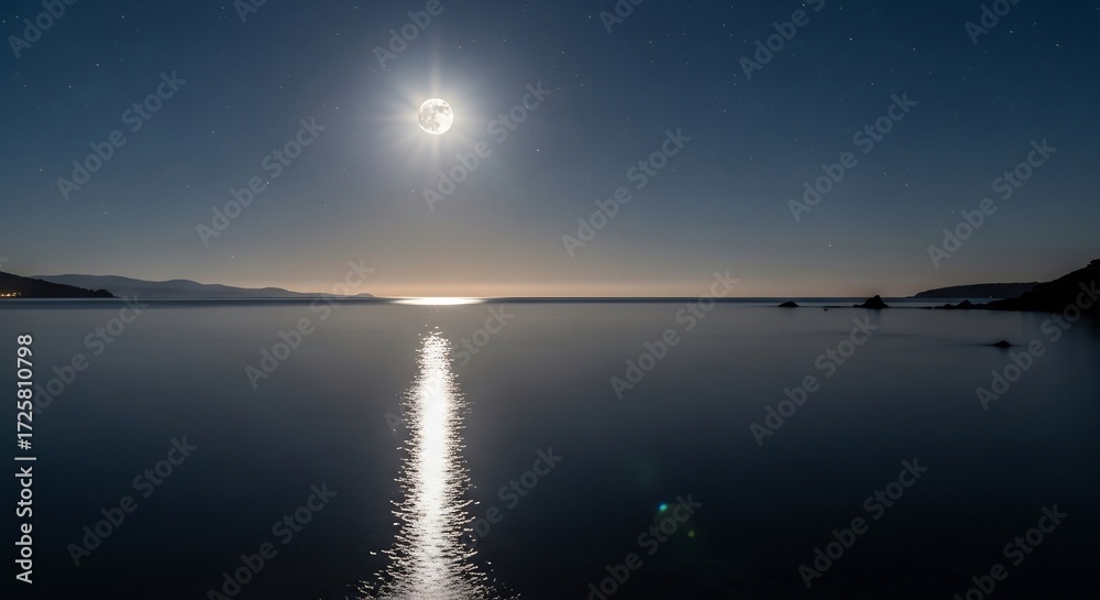 Fototapeta premium Moonlit ocean reflecting moon and stars with distant hills