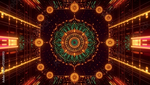 Colorful Rangoli-Inspired Symmetrical Grid Pattern in Pink, Turquoise, Orange, and Gold, Vector 2DColorful Rangoli-Inspired Symmetrical Grid Pattern in Pink, Turquoise, Orange, and Gold, 2D Vector