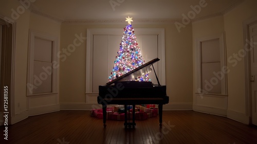 Christmas Grand Piano and Decorated Tree in Elegant Room