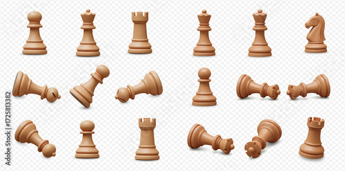 Collection of realistic light wooden chess pieces, some standing upright and others fallen, against a transparent background.