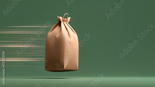 Brown paper bag flying through the air with motion blur on a green background