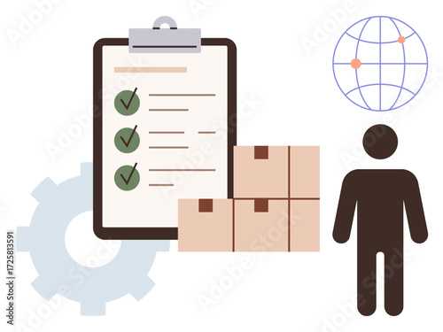 Checklist with marked items, stacked boxes, globe with nodes, human figure, gear shape. Ideal for supply chain, delivery, inventory teamwork quality assurance global trade workflow. Simple flat