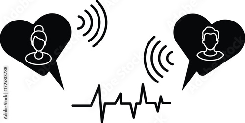 Online dating and relationship chat icon with heart symbol, heartbeat line and digital love connection design with transparent background