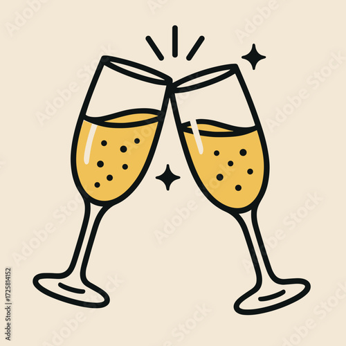 Two toast glasses of champagne clinking together with sparkling effects