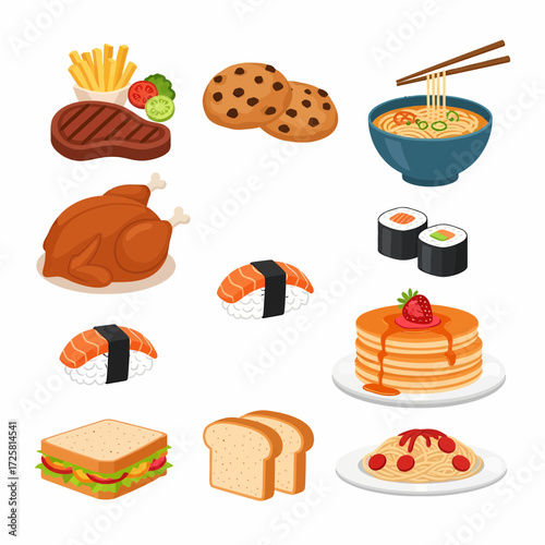 Assorted Food Illustrations Steak Cookies Ramen Sushi Chicken Pancakes Sandwich Toast Spaghetti.