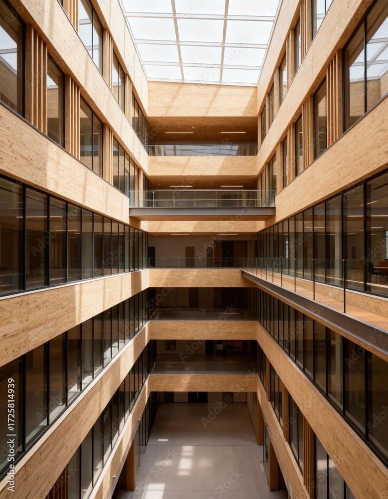 Obraz premium Atrium with timber facade glass roof and symmetry in daylight