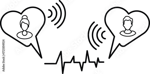 Online dating and relationship chat icon with heart symbol, heartbeat line and digital love connection design with transparent background