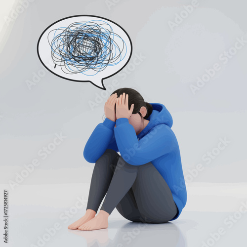 3d rendered young woman sitting hunched over on floor