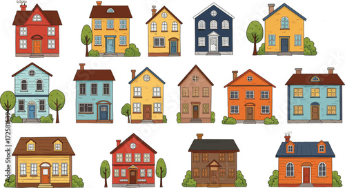 Set of colorful cartoon houses illustration, suburban neighborhood homes collection, residential real estate architecture design vector art
