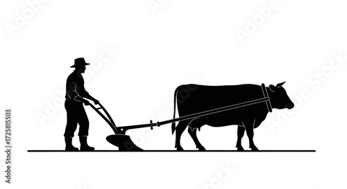 A silhouette of a farmer plowing a field with an ox