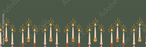 Retro vintage horizontal Christmas border with candles, perfect for designers, shops, and brands making festive cards, posters, banners, and seasonal holiday decorations.