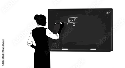 A silhouetted woman writes a complex mathematical equation on a blackboard