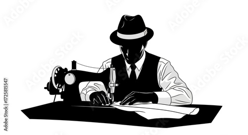 A monochrome illustration of a man in a hat and vest operating a vintage sewing machine at a table