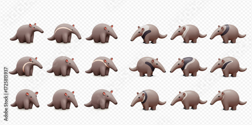 A collection of stylized giant anteater illustrations in various poses, depicted as cute 3D icons on a transparent background.