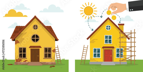 Before and after home renovation illustration, real estate investment concept, house improvement process, construction repair and property value growth