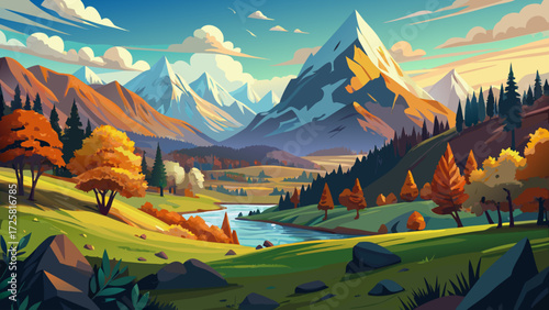 Autumn mountain valley. Autumn landscape beautiful colored trees over the green meadow glowing in sunlight. Beautiful natural landscape in the autumn time. Switzerland 