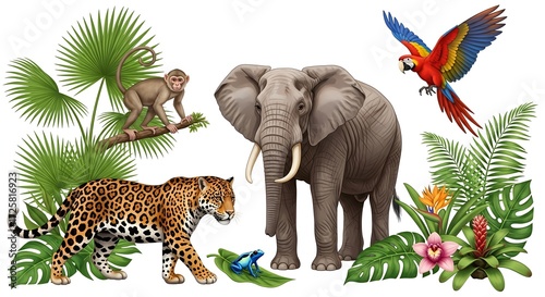 Exotic Wildlife Paradise A Stunning Illustration of a Leopard, Elephant, and More in Nature's Embrace