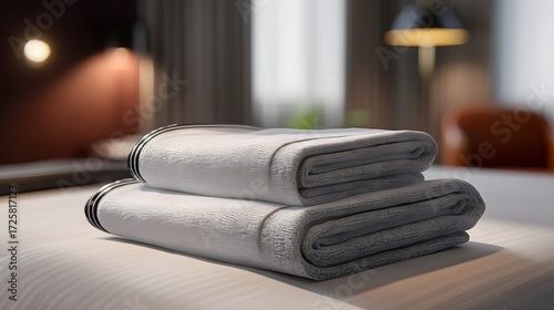 Neatly Folded White Towels on a Bed Ready for Guests in a Cozy Hotel Room Setting