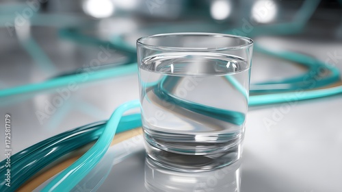 Clear Glass of Water Surrounded by Colorful Tubes on a Reflective Surface