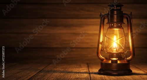 Illuminated Oil Lantern on Wooden Surface - A glowing oil lantern sits on a dark wooden surface, creating a warm and inviting atmosphere. Perfect for themes of adventure, history, or rustic charm