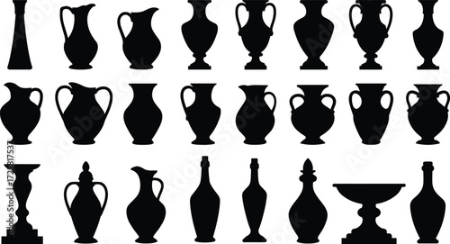 Collection of decorative vase and amphora silhouettes, antique pottery shapes, elegant ceramic vessel vector design for art, history, decoration concepts