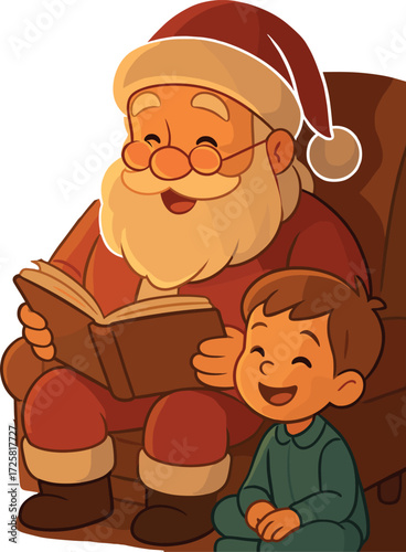 Santa Claus reads a joyful story to a smiling child in pajamas, creating a warm and festive Christmas moment. 