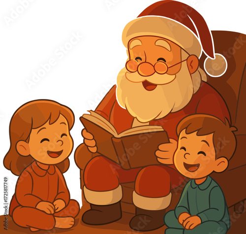 Santa Claus happily reads a storybook to two smiling children in pajamas, creating a heartwarming and festive holiday scene.