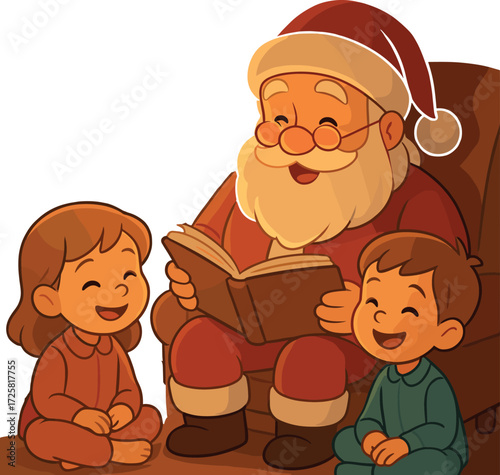 Santa Claus happily reads a storybook to two smiling children in pajamas, creating a heartwarming and festive holiday scene.