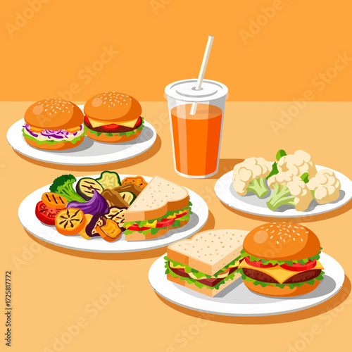 Colorful Food Arrangement with Burgers Sandwiches Grilled Vegetables and Orange Juice.