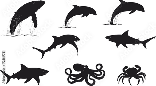 Marine animal vector silhouettes featuring whale, dolphin, shark, octopus, and crab in action poses — perfect for ocean design, education, logos, conservation, and nautical themes.
